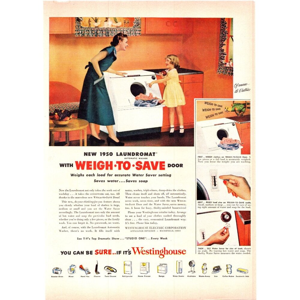 1950 Westinghouse Laundromat Washing Machine Vintage Print Ad Housewife Wall Art